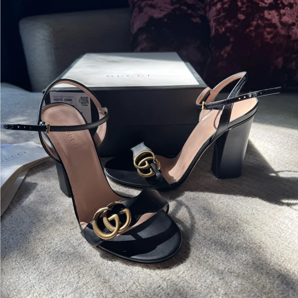 Gucci Black Leather Double G Ankle-Strap Heels